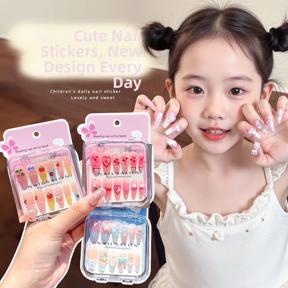 Nail Art Love - 新しいファッション漫画風子供用ネイルチェリーラブハート取り外し可能なつけ爪キュートなロングネイルステッカー女子学生向け
