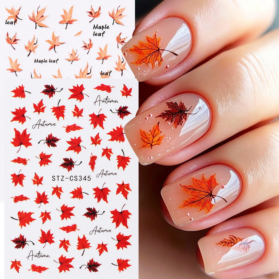 Nail Art Orange - 2 個水彩オレンジレッドカエデの葉ネイルアートステッカー秋の葉ネイルアートデカール秋の収穫ネイルデコレーション用品