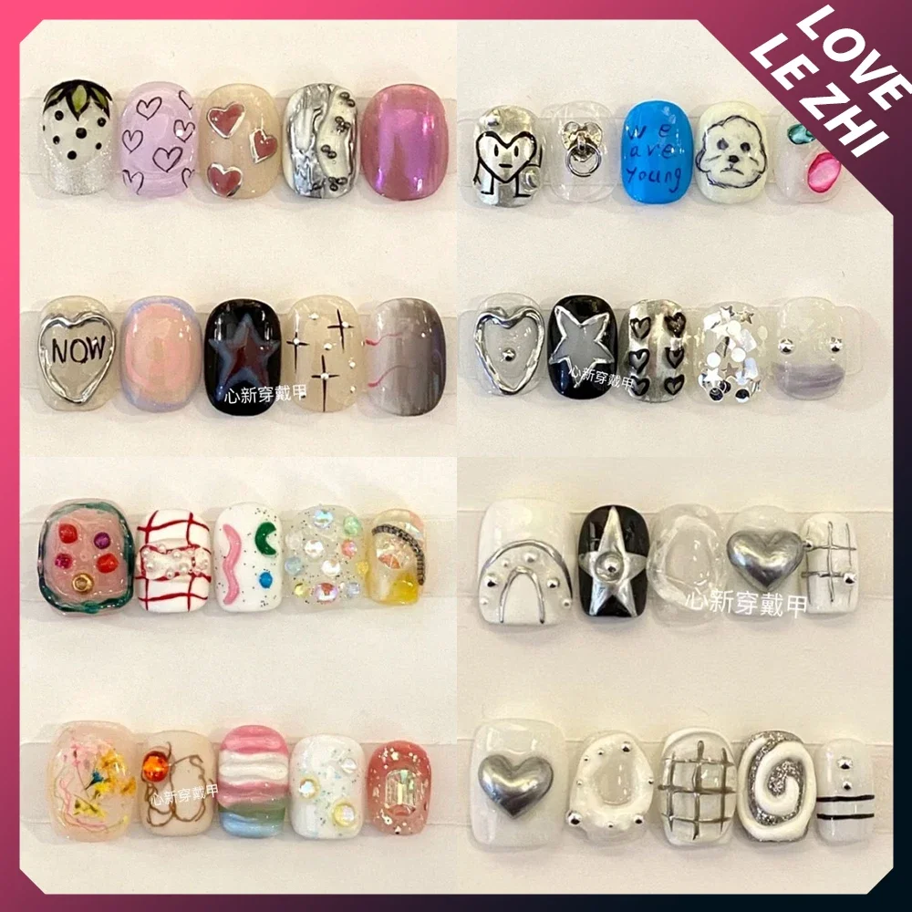 Nail Art Love - 10 個 DIY 創造性面白いマッシュアップカラーショートラウンドネイルアート素敵な花取り外し可能再利用可能な人工爪アートステッカー