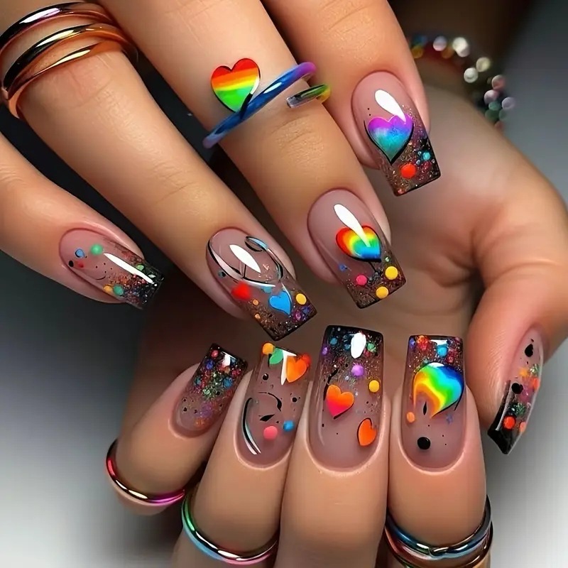 Nail Art Love - 24枚入りヌードカラーつけ爪 ショートスクエア レインボーグラデーション ラブグリッター 水玉模様 鮮やかなプライドネイルアート