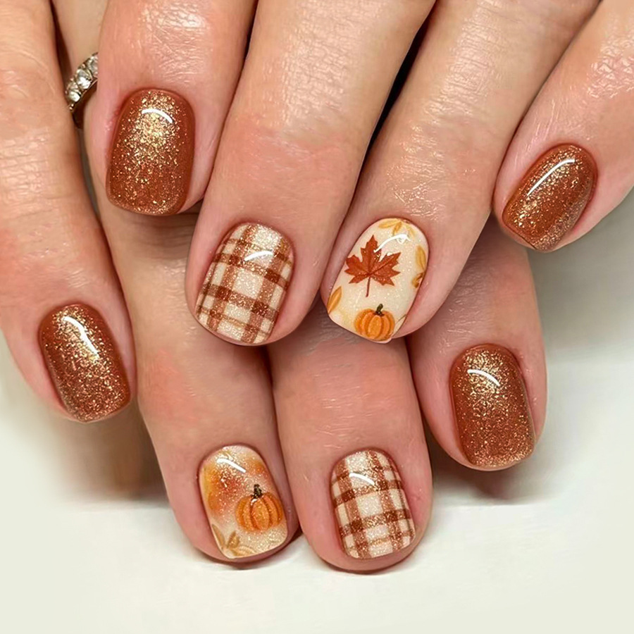 Nail Art Orange - 24枚入り バーントオレンジ プレイド シャイニーパウダー アクリル製 つけ爪