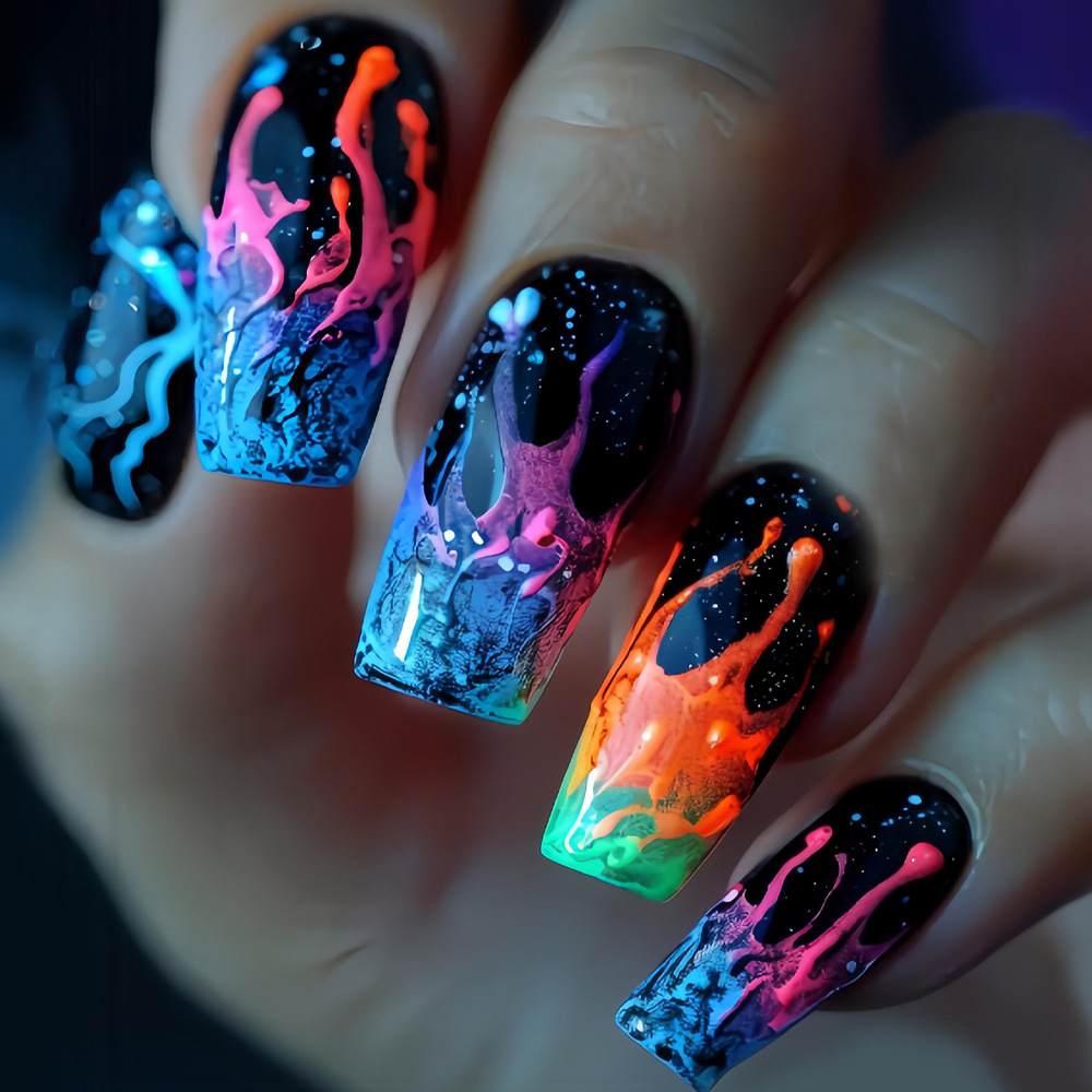 Nail Art Orange - 女性・女の子向けミディアムサイズのY2Kグラデーショングリーンブルーオレンジブルーグラフィティスクエアアーモンドネイルチップ、フルカバープレスオンネイル