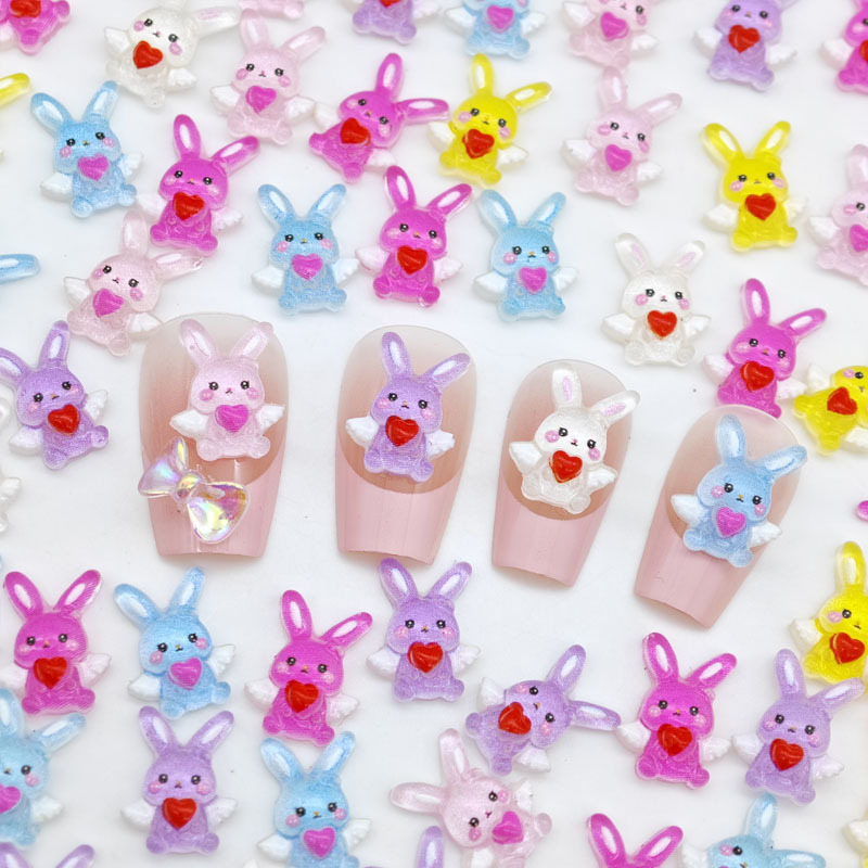 Nail Art Love - 新しい可愛いエンジェルラブの漫画風ウサギのネイルアートアクセサリー - 長耳のウサギがネイルデコレーションとしてネイルアートアクセサリーに使われています。