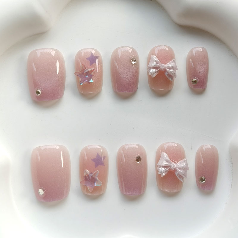 Nail Art Love - 10個入り ティーンガールファッション キュートなピンクパープルのリボン付き ラブリーな3Dスターネイルアート つけ爪 フェイクネイル