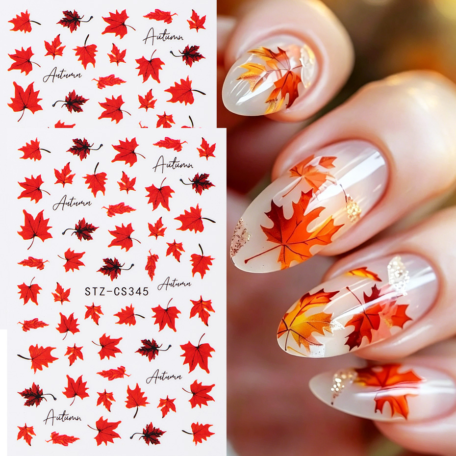 2 個水彩オレンジレッドカエデの葉ネイルアートステッカー秋の - Nail Art Orange のレビューと価格