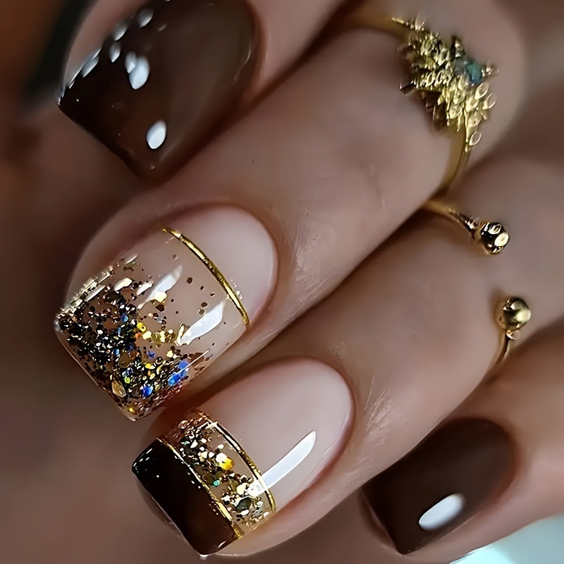 女性用ショートスクエアフェイクネイル、光沢のあるブラウンのチ - Nail Art Overlay のレビューと価格