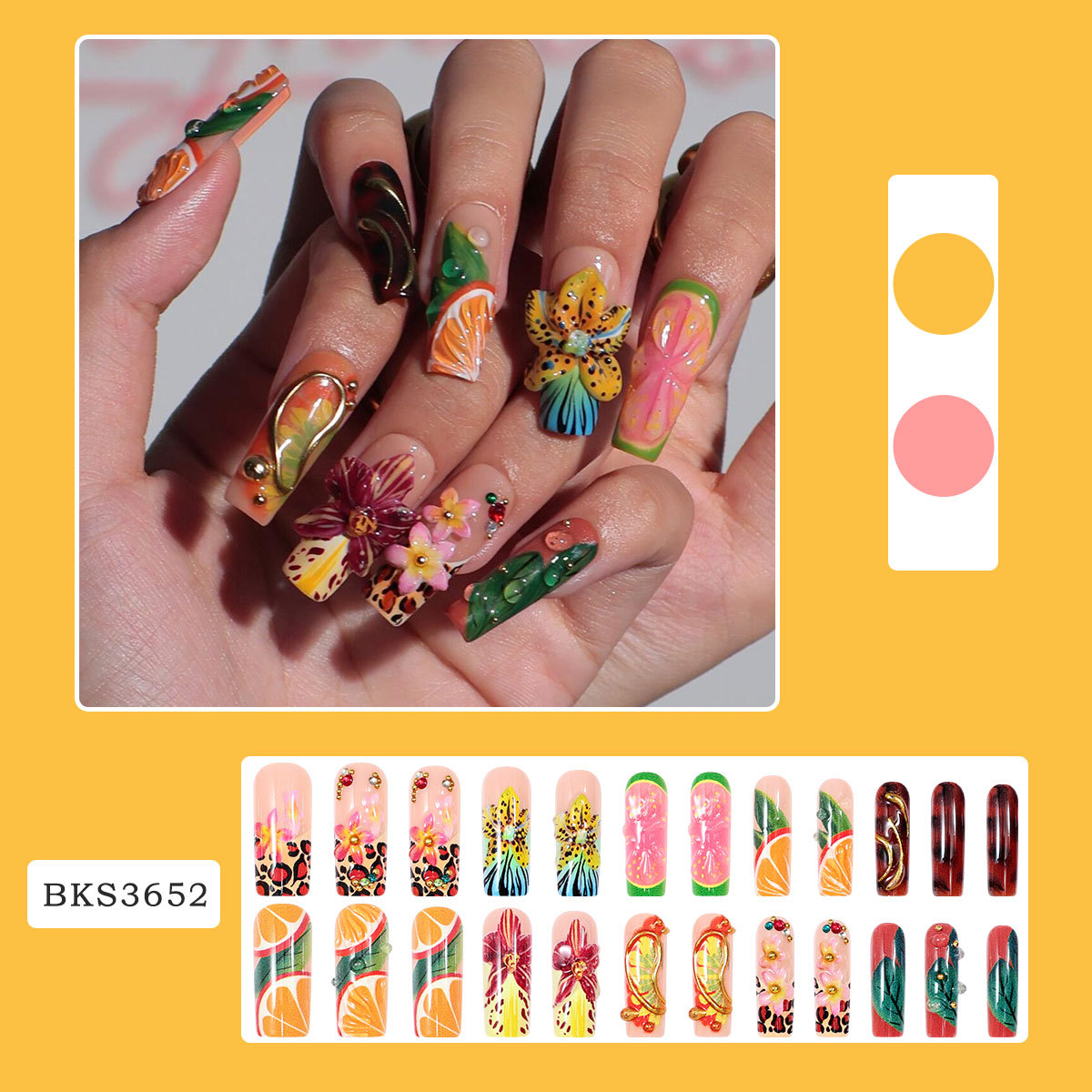 24枚入りマシンメイドプレスオンネイル ロングスクエアトロピ - Nail Art Orange のレビューと価格